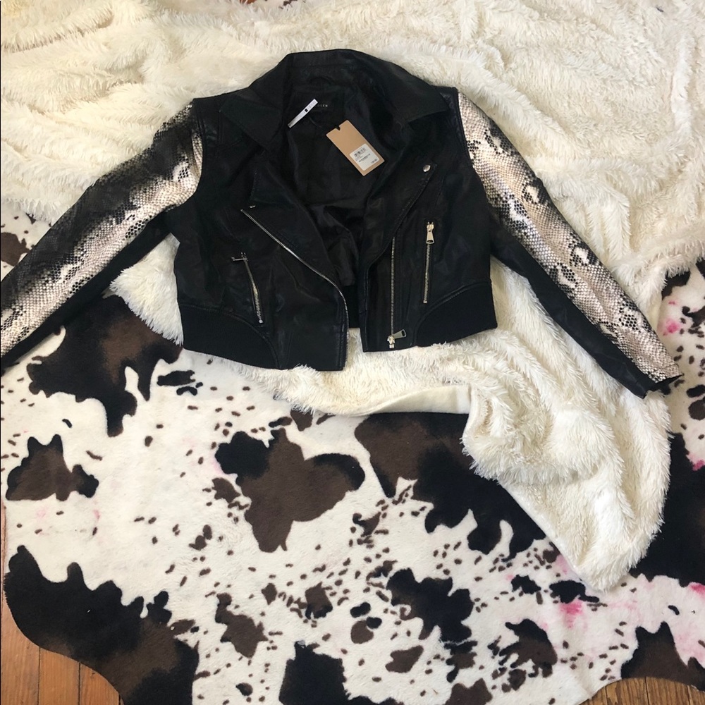 Snake Print Sleeve Faux Leather Jacket